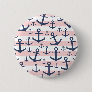 Badge Rond 5 Cm motif d'ancrage bleu marine à rayure rose marine