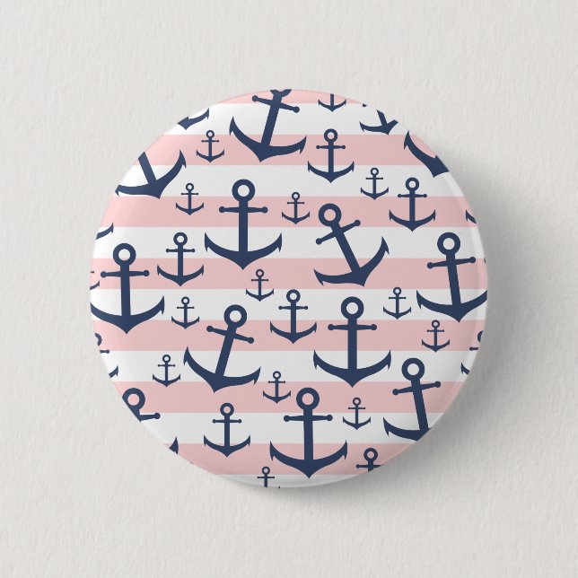 Badge Rond 5 Cm Motif d'ancrage bleu marine à rayures rose marine (Devant)