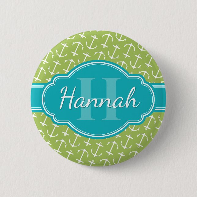 Badge Rond 5 Cm Motif d'Ancre blanc vert Turquoise Monogramme (Devant)