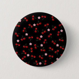 Badge Rond 5 Cm Motif de cerises sur fond noir