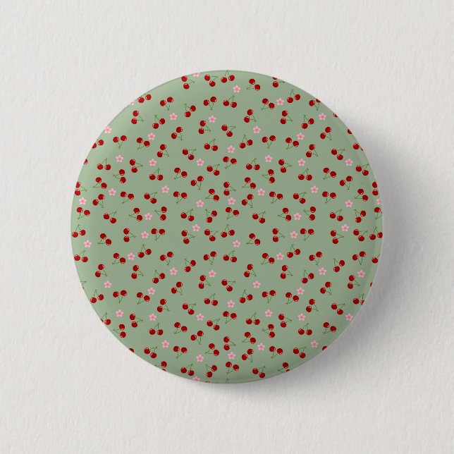 Badge Rond 5 Cm Motif de cerises sur fond vert (Devant)