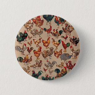 Badge Rond 5 Cm Motif de coq poulet vintage : Art de ferme