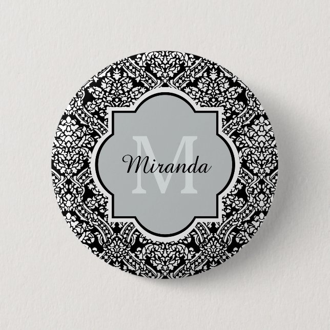 Badge Rond 5 Cm Motif de Damas noir et blanc Monogramme et nom (Devant)