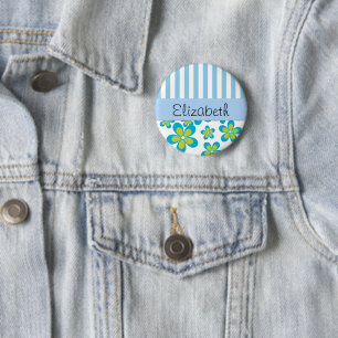 Badge Rond 5 Cm Motif De Fleurs, Bleues, Votre Nom