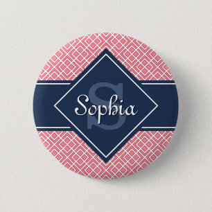 Badge Rond 5 Cm Motif diamant rose et bleu marine monogramme