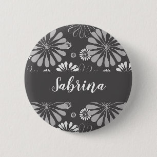 Badge Rond 5 Cm Motif floral blanc et gris