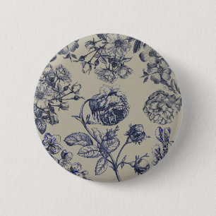 Badge Rond 5 Cm Motif Floral Botanique Toile Bleue Vintage Antique