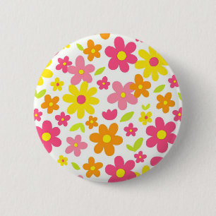 Badge Rond 5 Cm Motif floral rose et jaune rétro d'été lumineux