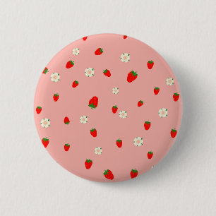 Badge Rond 5 Cm Motif Fraises et Fleurs