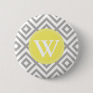 Badge Rond 5 Cm Motif gris et jaune de monogramme de Chevron