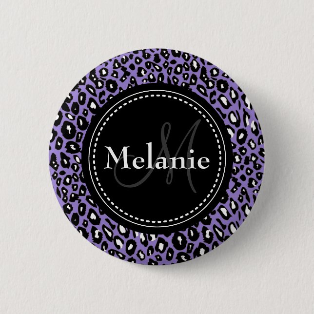 Badge Rond 5 Cm Motif Léopard blanc noir violet monogramme (Devant)