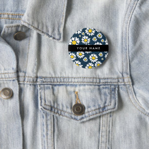 Badge Rond 5 Cm Motif Marguerites, Marguerites Blanches, Votre Nom