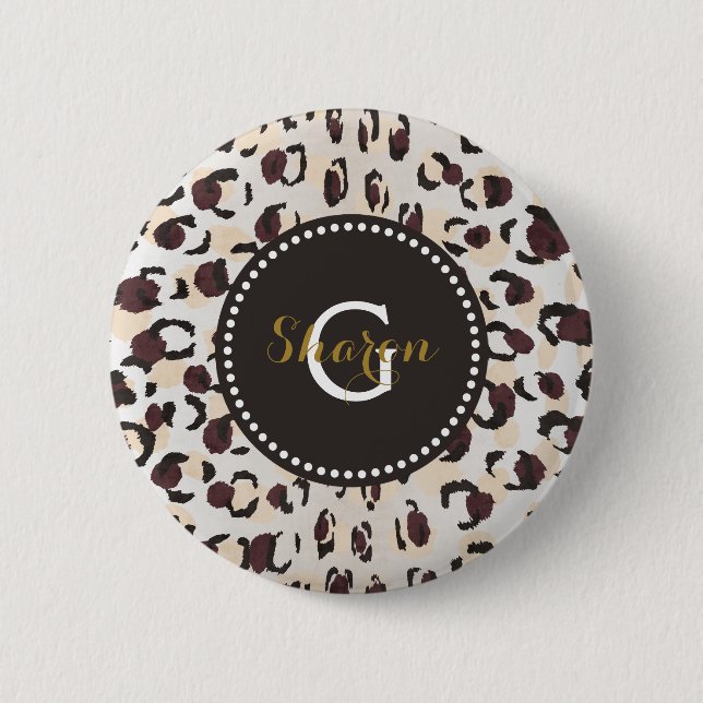 Badge Rond 5 Cm Motif moderne chic brun cheetah imprimé monogramme (Devant)