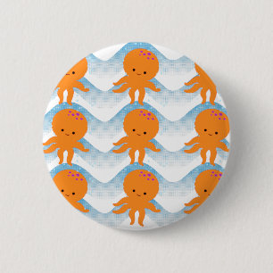 Badge Rond 5 Cm Motif Octopus Orange Et Vagues Bleues
