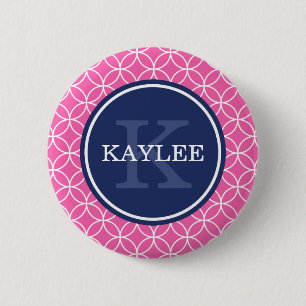 Badge Rond 5 Cm Motif pétale en cercle rose vif monogramme