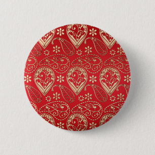 Badge Rond 5 Cm Motif Red Gold Paisley Bandana