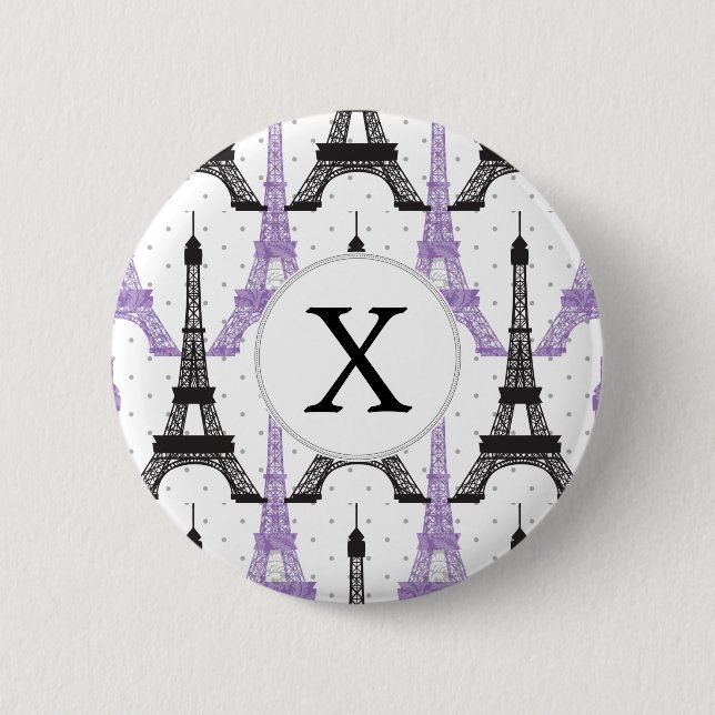 Badge Rond 5 Cm Motif Tour Eiffel Chic violet Monogram (Devant)