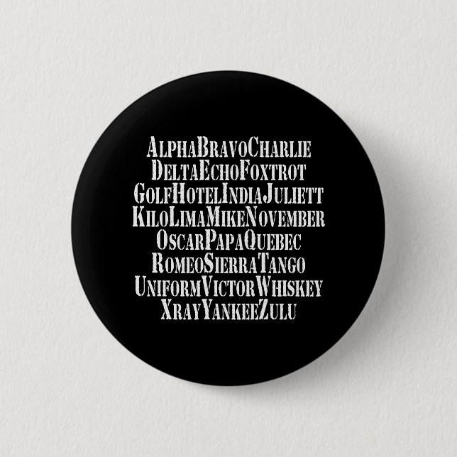 BADGE ROND 5 CM MOTS ALPHABET PHONÉTIQUE / CODE (Devant)