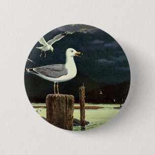 Badge Rond 5 Cm Mouette vintage perchée sur une jetée, oiseaux mar
