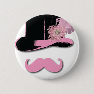 Badge Rond 5 Cm Moustache rose, casquette supérieur, plumes, et