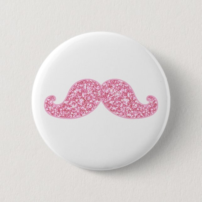 BADGE ROND 5 CM MOUSTACHE ROSE GIRLY DE PARTIES SCINTILLANTES (Devant)