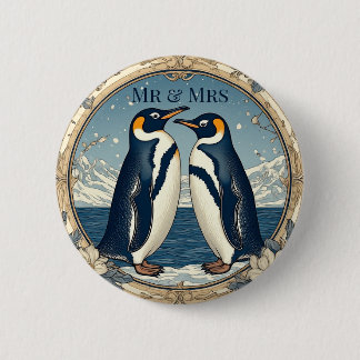 Badge Rond 5 Cm Mr & Mrs Penguin Couple Snow Winter Glacier Blue 