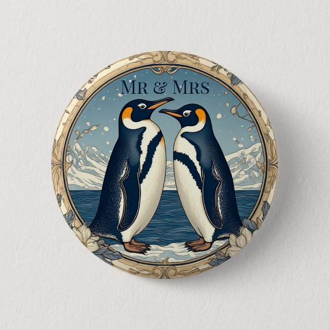 Badge Rond 5 Cm Mr & Mrs Penguin Couple Snow Winter Glacier Blue  (Devant)