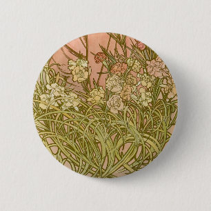 Badge Rond 5 Cm Mucha fleurs d'oeillets Art Nouveau