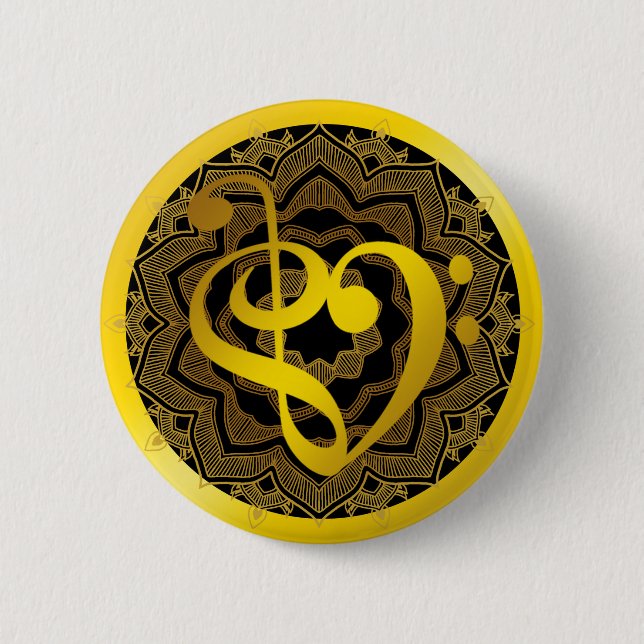 Badge Rond 5 Cm Music Love Coeur Symbole Clef Gold Mandala Art (Devant)