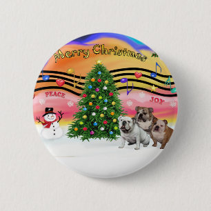 Badge Rond 5 Cm Musique de Noël 2 - Bouledogues anglais (trois)