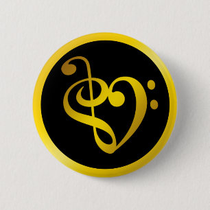Badge Rond 5 Cm Musique Love Symbole Coeur Clef Notes en Or Noir