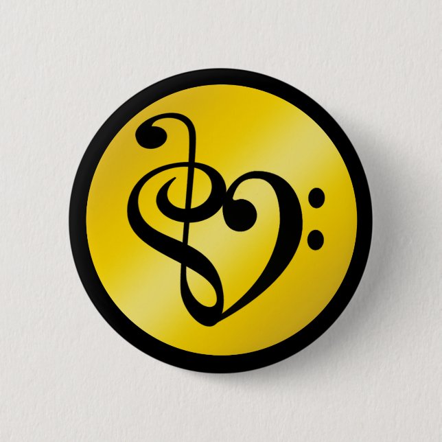 Badge Rond 5 Cm Musique Love Symbole Coeur Clef Notes en Or Noir (Devant)