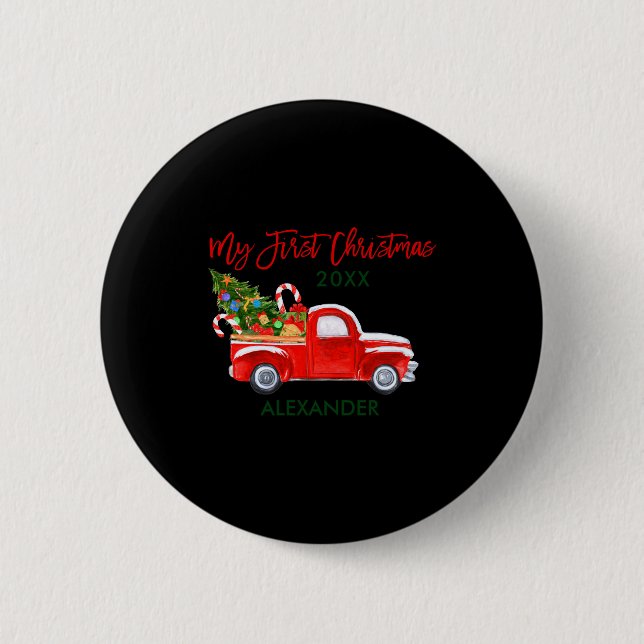 Badge Rond 5 Cm My First Christmas Truck Candy Canes Green Red Bab (Devant)