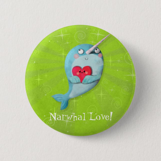 Badge Rond 5 Cm Narwhal mignon avec le coeur (Devant)