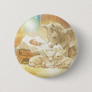 Badge Rond 5 Cm Nativité de Jésus de bébé avec les agneaux et