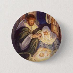 Badge Rond 5 Cm Nativité de Noël Vintage, 3 Bergers et Jésus