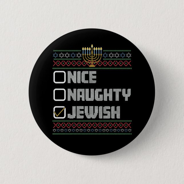 Badge Rond 5 Cm Naughty Nice juif Père Noël laide Noël Hanoukka (Devant)