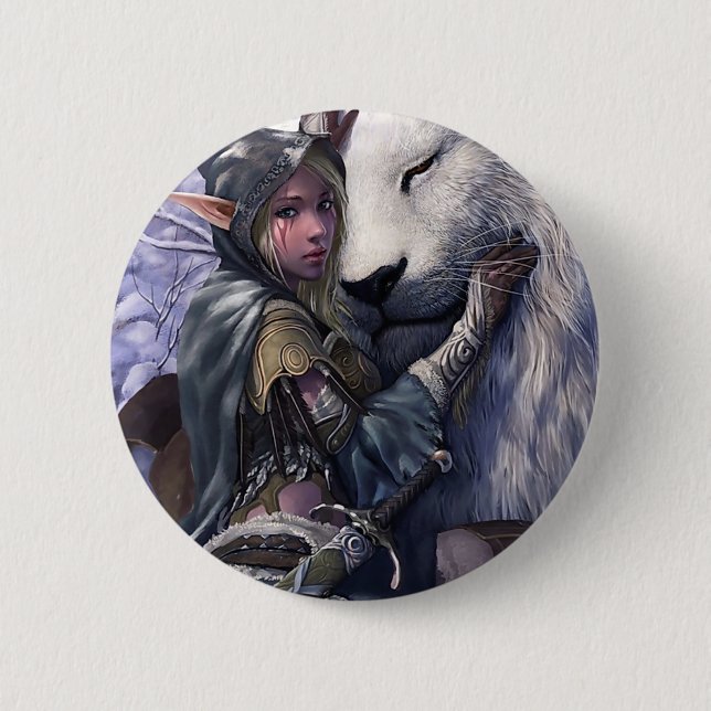 Badge Rond 5 Cm Neige+Elf+Fille+avec+Lion (Devant)