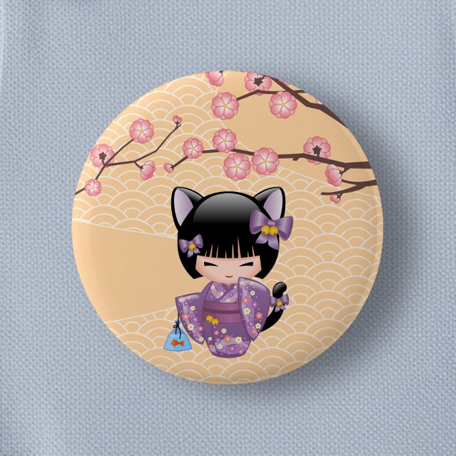 Badge Rond 5 Cm Neko Kokeshi Poupée - Cat Ears Geisha Girl (Créateur téléchargé)
