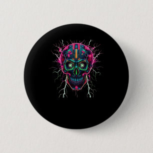 Badge Rond 5 Cm Neon Cyberpunk Crâne - Art numérique futuriste Sti