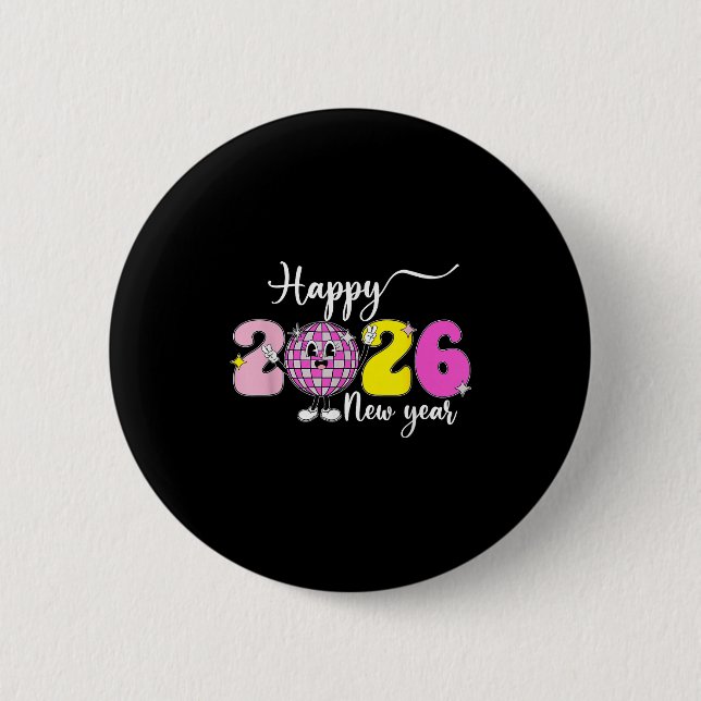 Badge Rond 5 Cm New Years Eve Hello 2026 Happy New Year 2026 Disco (Devant)