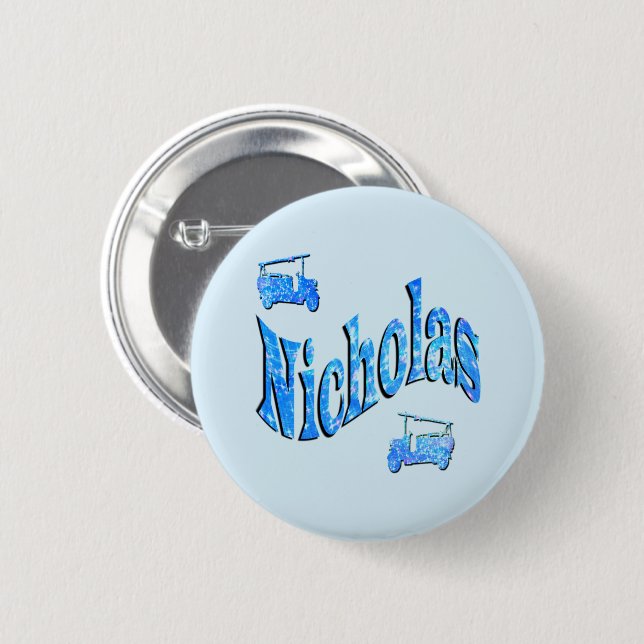 Badge Rond 5 Cm Nicholas Nom Avec Camions de Pompiers, (Devant & derrière)