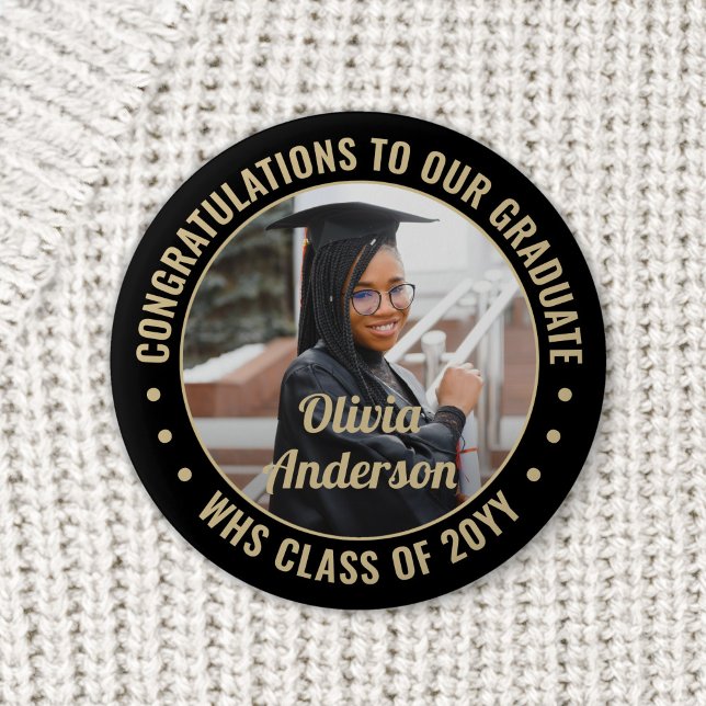 Badge Rond 5 Cm N'importe quel texte Graduation Photo Elegant Noir (Créateur téléchargé)