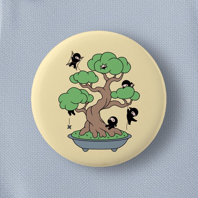 Badge Rond 5 Cm Ninjas dans l'arbre Bonsai sur Jaune (Créateur téléchargé)