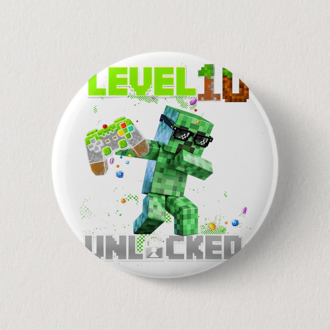 Badge Rond 5 Cm Niveau 10 déverrouillé - Anniversaire Garçon Pixel (Devant)
