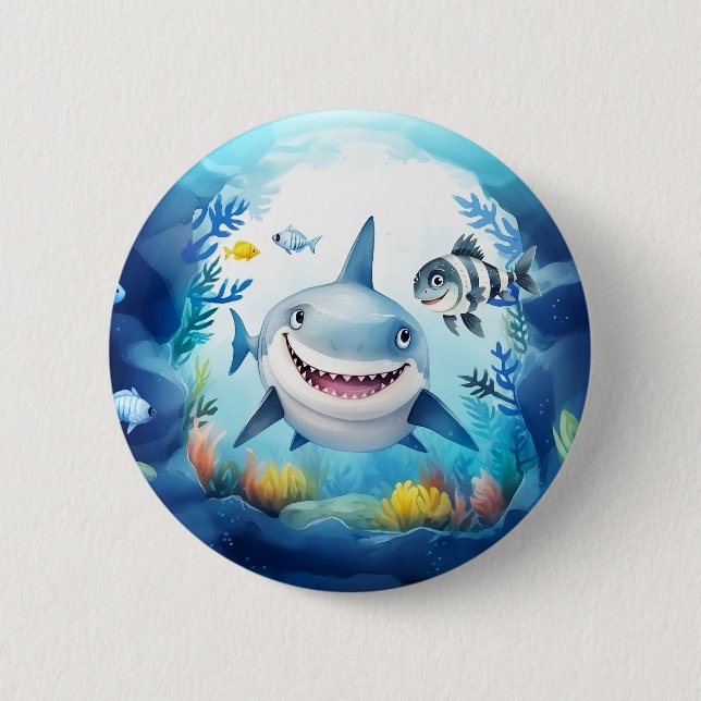 Badge Rond 5 Cm Noa le requin et Casper, son meilleur ami du poiss (Devant)