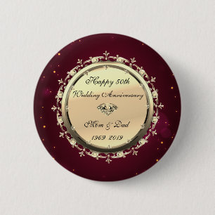 Badge Rond 5 Cm Noces d'or Diamants Rouges  50e Anniversaire de Ma