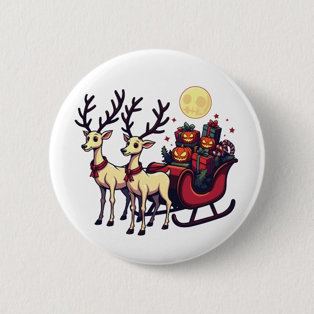Badge Rond 5 Cm Noël à Halloween Reindeer Citrouille présente (Devant)