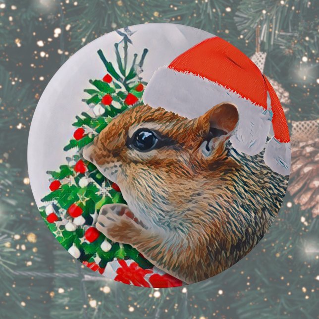 Badge Rond 5 Cm Noël à la jolie Père Noël Chipmunk (Cute chipmunk Christmas button pin makes a great stocking stuffer or Christmas party favor. )