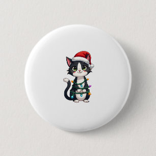 Badge Rond 5 Cm Noël Chat Tuxedo chat noir xmas lumières kitty c